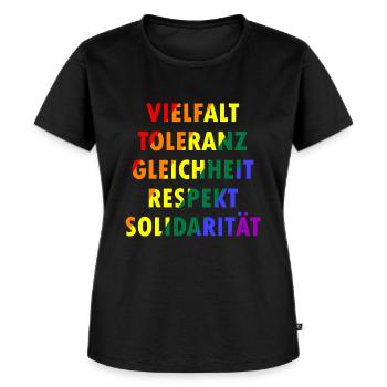 Vielfalt Toleranz Gleichheit Respekt Solidarität - Frauen Premium Bio T-Shirt - Schwarz - Vorne - Selfina (174cm)