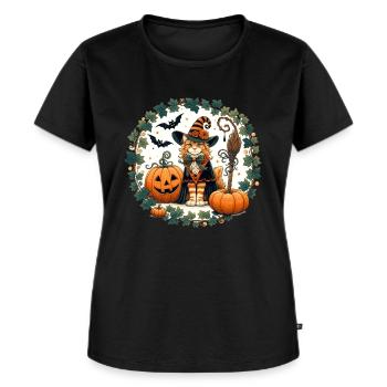 Halloween Ingwer Katze - Frauen Premium Bio T-Shirt - Schwarz - Vorne - Selfina (174cm)