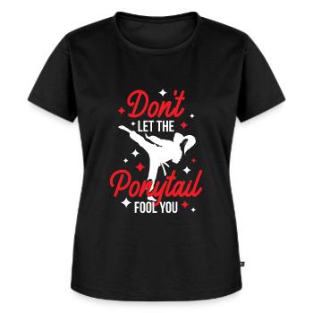 Karaté ne laisse pas la queue de cheval vous tromper - T-shirt Premium bio Femme - noir - Devant - Selfina (174cm)