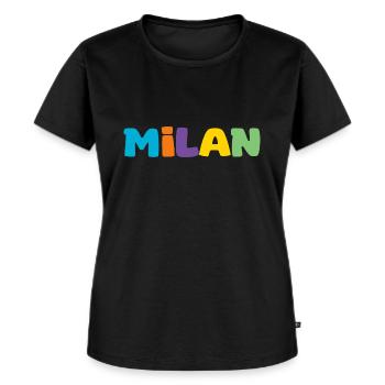 Nom - Milan - T-shirt Premium bio Femme - noir - Devant - Selfina (174cm)