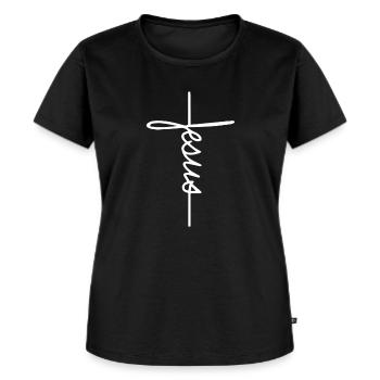 Jesus Kreuz Schriftzug - Jesus Christ Cross - Frauen Premium Bio T-Shirt - Schwarz - Vorne - Selfina (174cm)