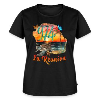 974 La Réunion Strand Sonne und Schildkröte - Frauen Premium Bio T-Shirt - Schwarz - Vorne - Selfina (174cm)