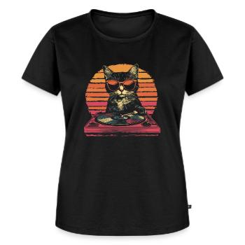 Katze Sonnenbrille Vintage Schallplatte Turntable - Frauen Premium Bio T-Shirt - Schwarz - Vorne - Selfina (174cm)
