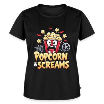 Design « Popcorn & Screams » pour les fans d’horreur - T-shirt Premium bio Femme - noir - Devant - Selfina (174cm)