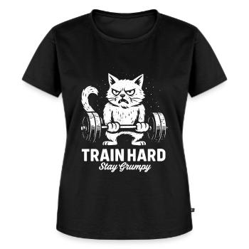 Grumpy Fitness Katze mit Hantel - Frauen Premium Bio T-Shirt - Schwarz - Vorne - Selfina (174cm)
