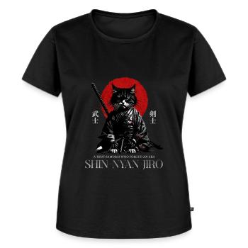 Samurai-Katze – Japanische Krieger-Grafik - Frauen Premium Bio T-Shirt - Schwarz - Vorne - Selfina (174cm)