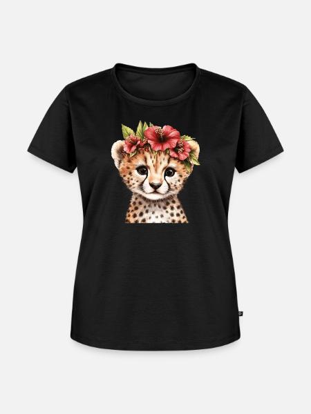 Gepard mit Blumenkranz - Frauen Premium Bio T-Shirt - Schwarz