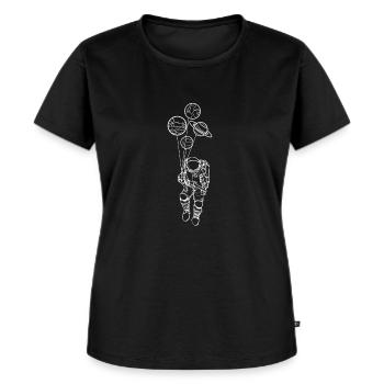 Weltraum Astronaut mit Planeten als Luftballons - Frauen Premium Bio T-Shirt - Schwarz - Vorne - Selfina (174cm)