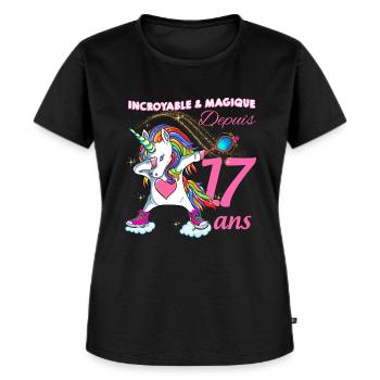 Anniversaire 17 ans Humour Licorne dab Magique - T-shirt Premium bio Femme - noir - Devant - Selfina (174cm)