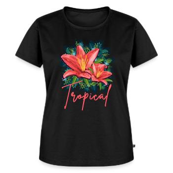 Jungle Leafs Tropical Design- Hibiskus + Dschungel - Frauen Premium Bio T-Shirt - Schwarz - Vorne - Selfina (174cm)