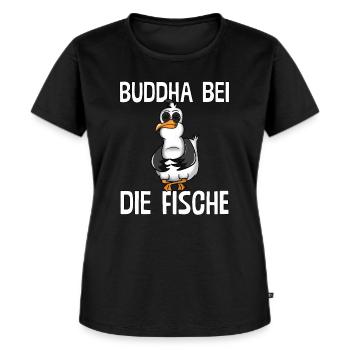 PLATTDEUTSCHER SPRUCH MIT MÖWE - Frauen Premium Bio T-Shirt - Schwarz - Vorne - Selfina (174cm)