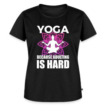 Lustiges Yoga Fitnesstrainer - Frauen Premium Bio T-Shirt - Schwarz - Vorne - Selfina (174cm)