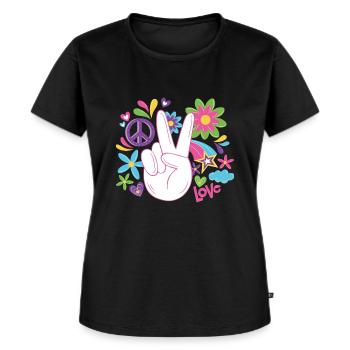 Peace Weltfrieden Flower Power Geschenk 70er Love - Frauen Premium Bio T-Shirt - Schwarz - Vorne - Selfina (174cm)