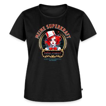 Clown Shirt: "Meine Superkraft: Fröhlichkeit" - Frauen Premium Bio T-Shirt - Schwarz - Vorne - Selfina (174cm)