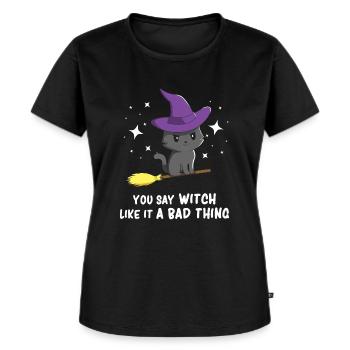 Chat noir - Halloween Chat noir - Sorcière Chat noir - T-shirt Premium bio Femme - noir - Devant - Selfina (174cm)