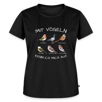 Mit vögeln kenn ich mich aus - Frauen Premium Bio T-Shirt - Schwarz - Vorne - Selfina (174cm)