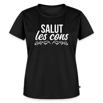 Salut les cons - Allergique aux cons - T-shirt Premium bio Femme - noir - Devant - Selfina (174cm)