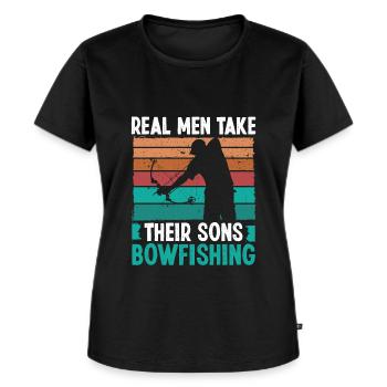 Bowfisher Real Men take their Sons Bowfishing - Frauen Premium Bio T-Shirt - Schwarz - Vorne - Selfina (174cm)