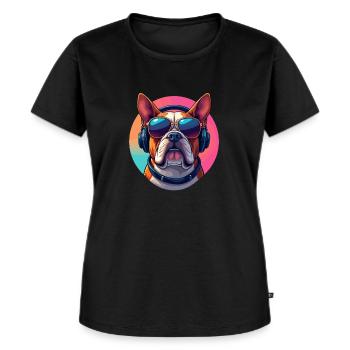Englische Bulldogge Sonnenbrille Kopfhörer im Pop - Frauen Premium Bio T-Shirt - Schwarz - Vorne - Selfina (174cm)