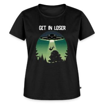 OVNI Soucoupe Volante Alien Enlèvement D’Homme - T-shirt Premium bio Femme - noir - Devant - Selfina (174cm)