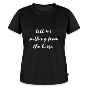 Dänischer Reiterspruch Lustiges Pferdemotiv - Frauen Premium Bio T-Shirt - Schwarz - Vorne - Selfina (174cm)