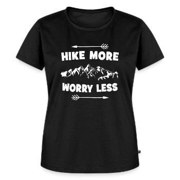 Hike More Worry Less - Wandern Bergwandern Laufen - Frauen Premium Bio T-Shirt - Schwarz - Vorne - Selfina (174cm)