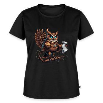 Steampunk - Hibou avec engrenages - T-shirt Premium bio Femme - noir - Devant - Selfina (174cm)
