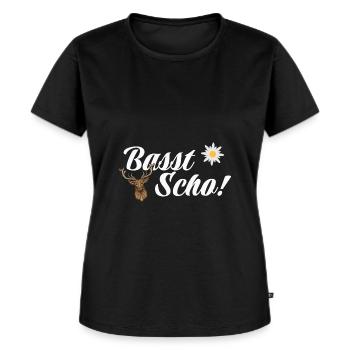 Basst Scho | Trachten Hirsch - Frauen Premium Bio T-Shirt - Schwarz - Vorne - Selfina (174cm)