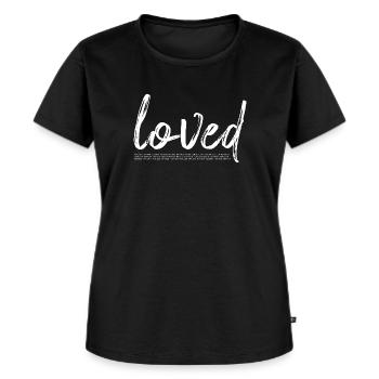 LOVED - GELIEBT - unterstrichen von Bibelstellen - Frauen Premium Bio T-Shirt - Schwarz - Vorne - Selfina (174cm)