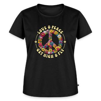 70er Jahre Flower Power Hippie Love Peace - Frauen Premium Bio T-Shirt - Schwarz - Vorne - Selfina (174cm)