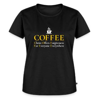 Christlicher Kaffee: Jesus Christus bietet Vergebung an - Frauen Premium Bio T-Shirt - Schwarz - Vorne - Selfina (174cm)