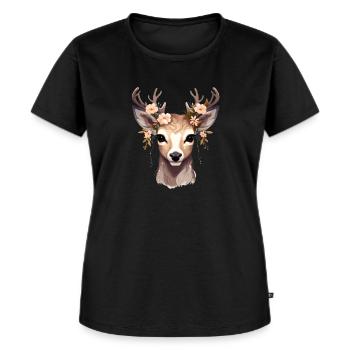 Reh Hirsch mit Blumen im Geweih - Frauen Premium Bio T-Shirt - Schwarz - Vorne - Selfina (174cm)