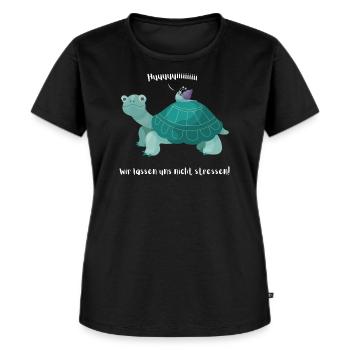 Schnecke reitet auf Schildkröte - huuiii Trantüte - Frauen Premium Bio T-Shirt - Schwarz - Vorne - Selfina (174cm)