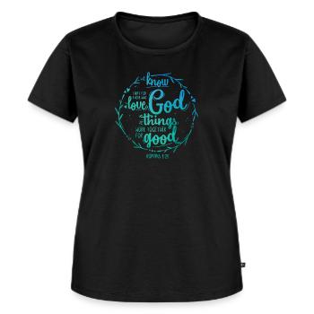 For those who love God - Romans 8:28 - Frauen Premium Bio T-Shirt - Schwarz - Vorne - Selfina (174cm)