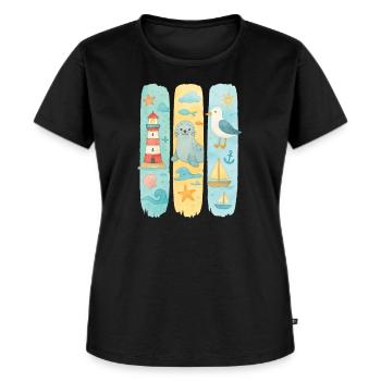 Maritim Leuchtturm Robbe Möwe Küste - Frauen Premium Bio T-Shirt - Schwarz - Vorne - Selfina (174cm)