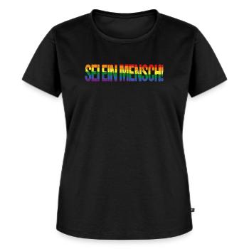 Sei ein Mensch! Pride Flag - Frauen Premium Bio T-Shirt - Schwarz - Vorne - Selfina (174cm)