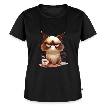 Grumpy | Katze | Genervte Katz | Kaffeeliebhaber - Frauen Premium Bio T-Shirt - Schwarz - Vorne - Selfina (174cm)
