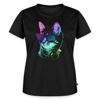 DJ Cat In Neon Lights - Frauen Premium Bio T-Shirt - Schwarz - Vorne - Selfina (174cm)