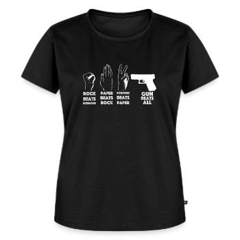 Pistole schlägt alles | Schere, Stein, Papier - Frauen Premium Bio T-Shirt - Schwarz - Vorne - Selfina (174cm)