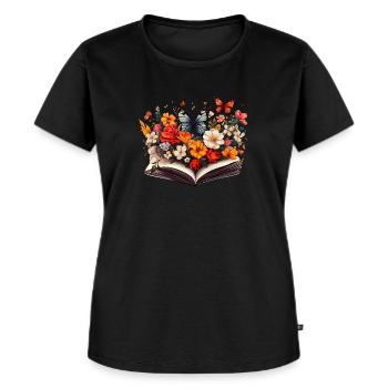 Buch Blumen Schmetterlinge - Frauen Premium Bio T-Shirt - Schwarz - Vorne - Selfina (174cm)