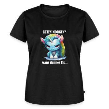 Guten Morgen? Ganz dünnes Eis, Einhorn, Weiß - Frauen Premium Bio T-Shirt - Schwarz - Vorne - Selfina (174cm)