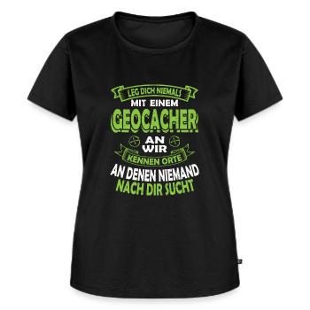 Geocacher Shirt Geocache Geocaching Geschenk - Frauen Premium Bio T-Shirt - Schwarz - Vorne - Selfina (174cm)