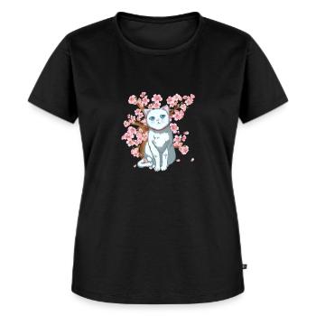 Japan Kirschblüte Samurai Japanisch Katze Blume - Frauen Premium Bio T-Shirt - Schwarz - Vorne - Selfina (174cm)