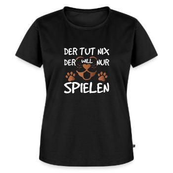 Der will nur spielen - Frauen Premium Bio T-Shirt - Schwarz - Vorne - Selfina (174cm)