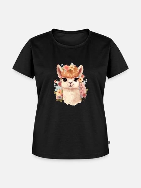 Alpaka mit Blumen - Frauen Premium Bio T-Shirt - Schwarz