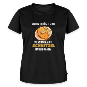Schnitzel Warum Gemüse essen - Frauen Premium Bio T-Shirt - Schwarz - Vorne - Selfina (174cm)
