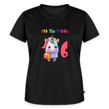 Ich bin schon 6 Süsses Einhorn mit Rucksack Motiv - Frauen Premium Bio T-Shirt - Schwarz - Vorne - Selfina (174cm)