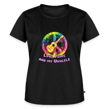Ukulele Hippie Instrument Geschenk Frieden Liebe - Frauen Premium Bio T-Shirt - Schwarz - Vorne - Selfina (174cm)