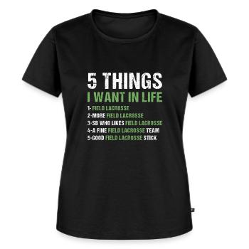 Sport 5 choses que je veux dans la vie La crosse au champ - T-shirt Premium bio Femme - noir - Devant - Selfina (174cm)