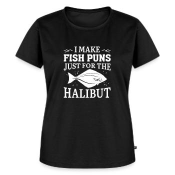 Ich mache Fisch-Wortspiele nur für den Heilbutt - Frauen Premium Bio T-Shirt - Schwarz - Vorne - Selfina (174cm)